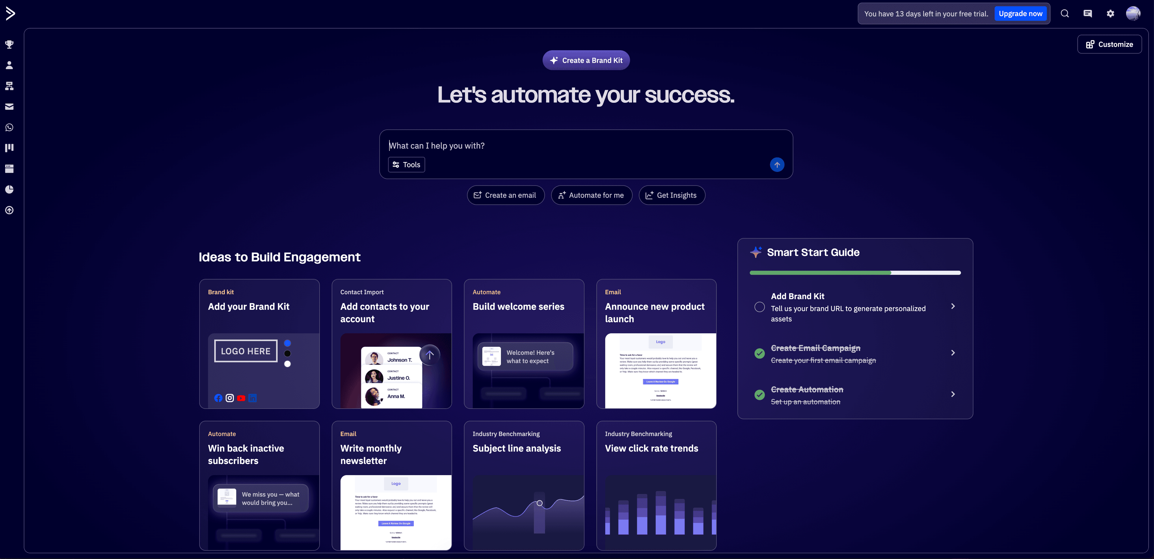 ActiveCampaign dashboard showing Smart Start Guide, engagement ideas, and industry benchmarking tools