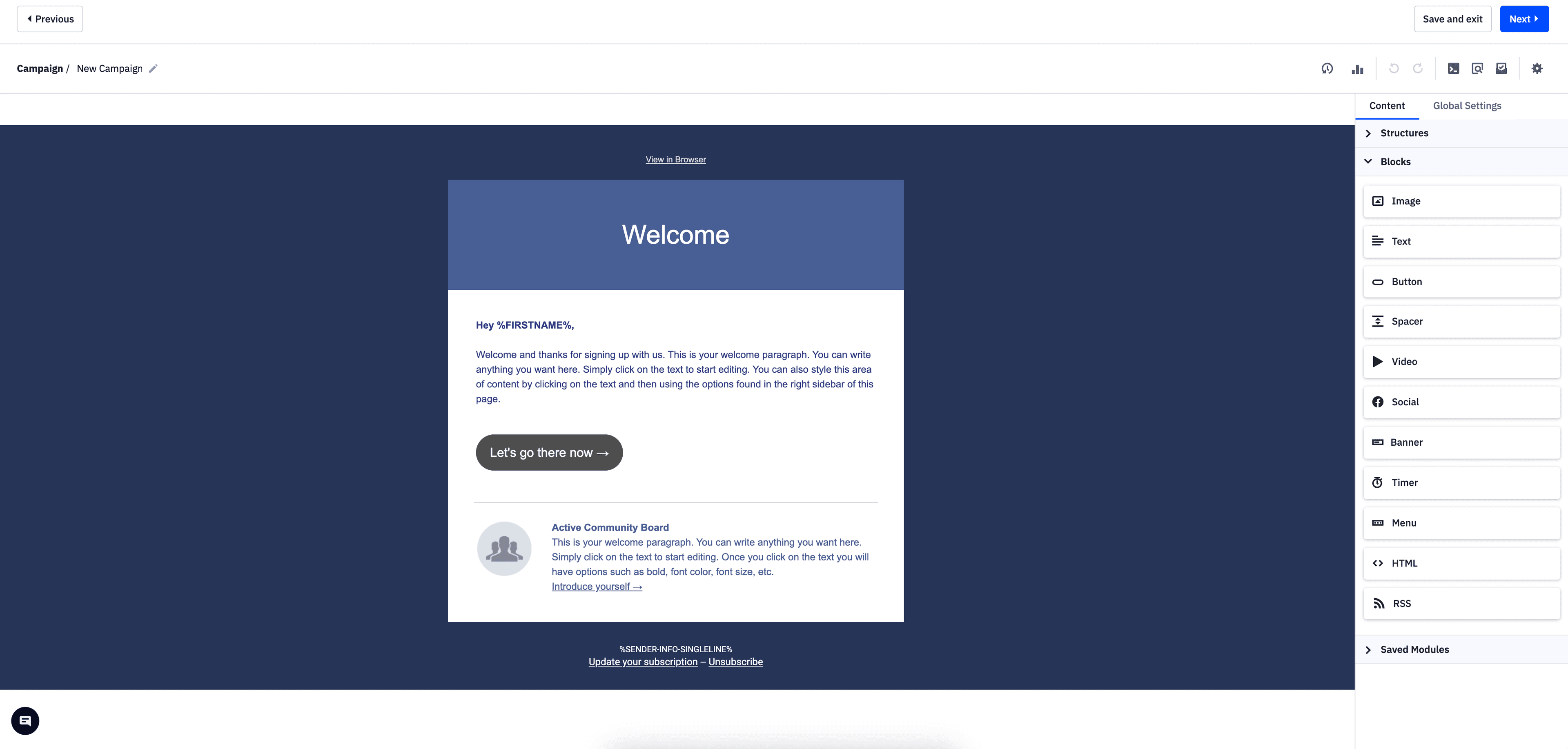 ActiveCampaign email editor with drag-and-drop blocks, welcome campaign template, and content sidebar