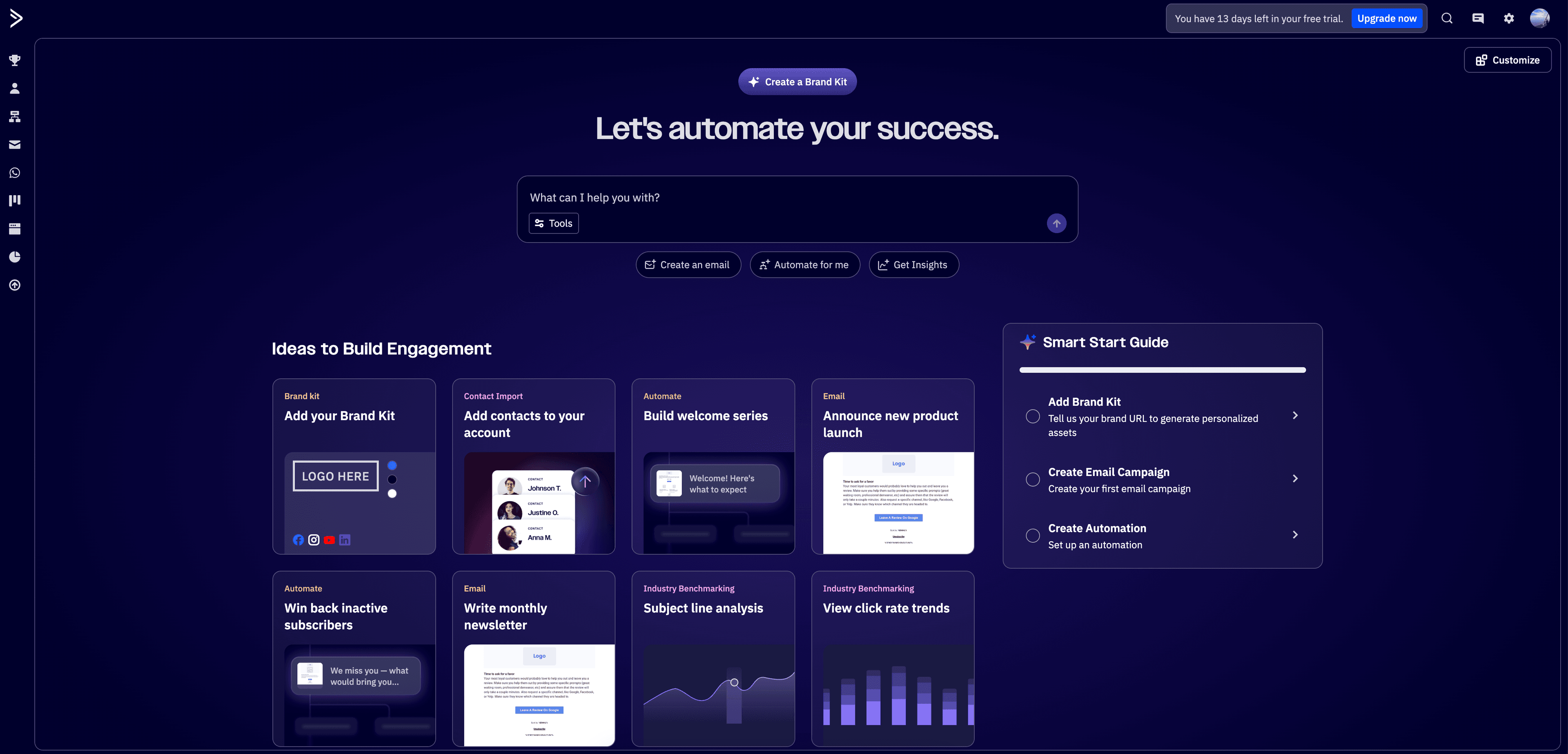 Mailchimp new UI dashboard showing 'Let's automate your success' with Smart Start Guide, email creation, and industry benchmarking