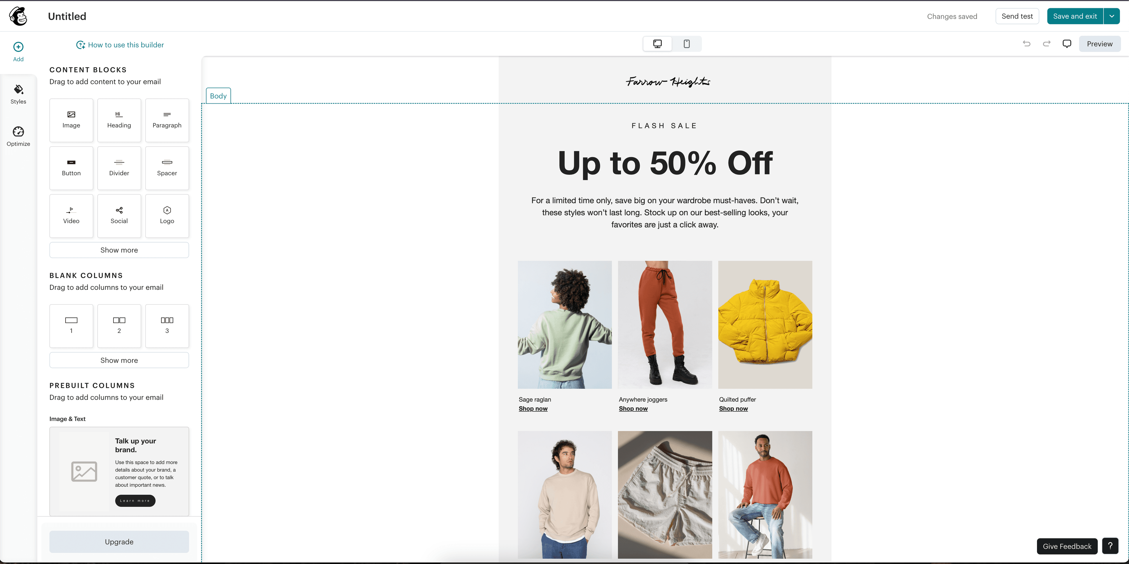 Mailchimp drag-and-drop email editor with content blocks, flash sale template, and mobile/desktop preview toggle