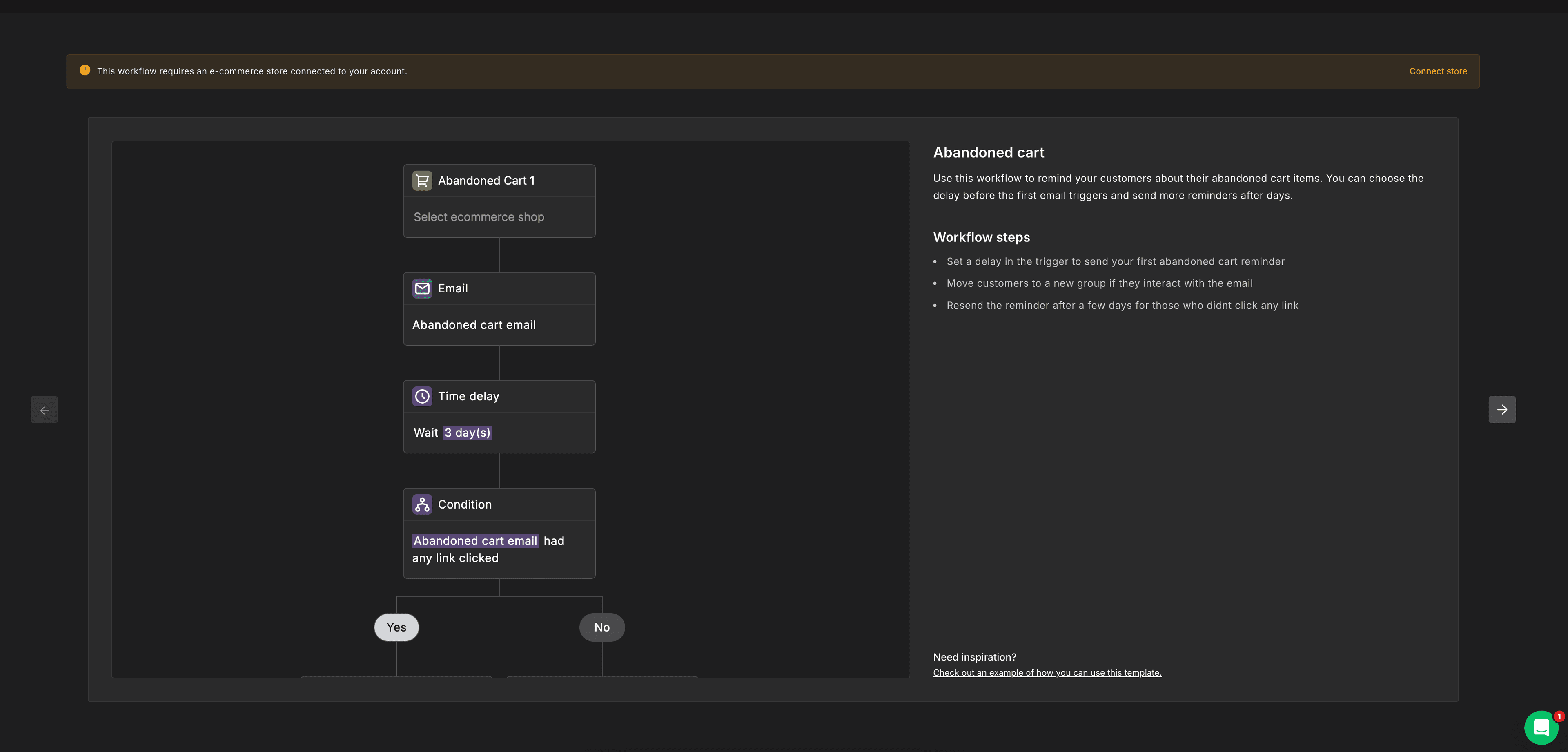 MailerLite automation builder showing abandoned cart workflow with conditions and delays
