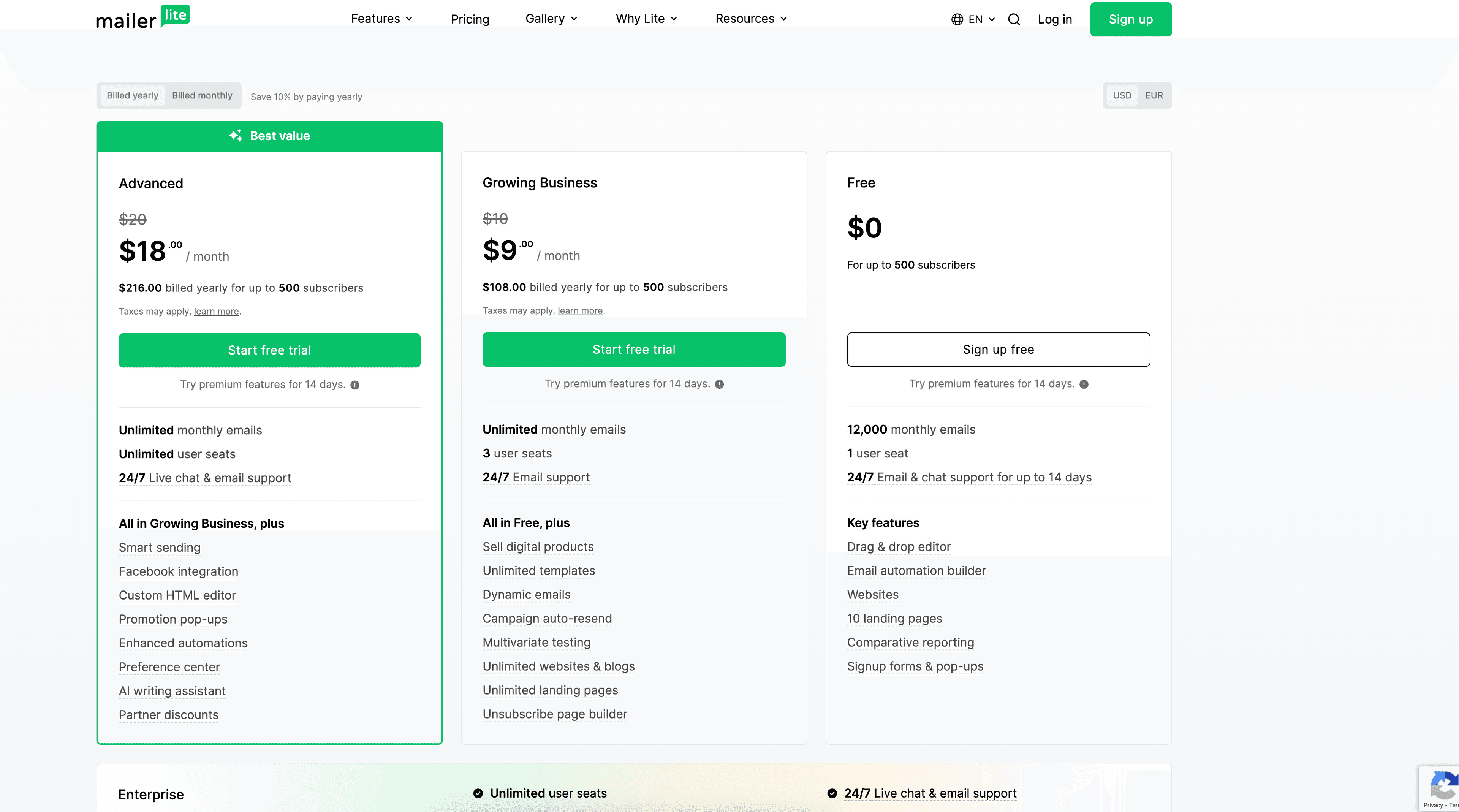 MailerLite pricing page showing Free, Growing Business, and Advanced tiers