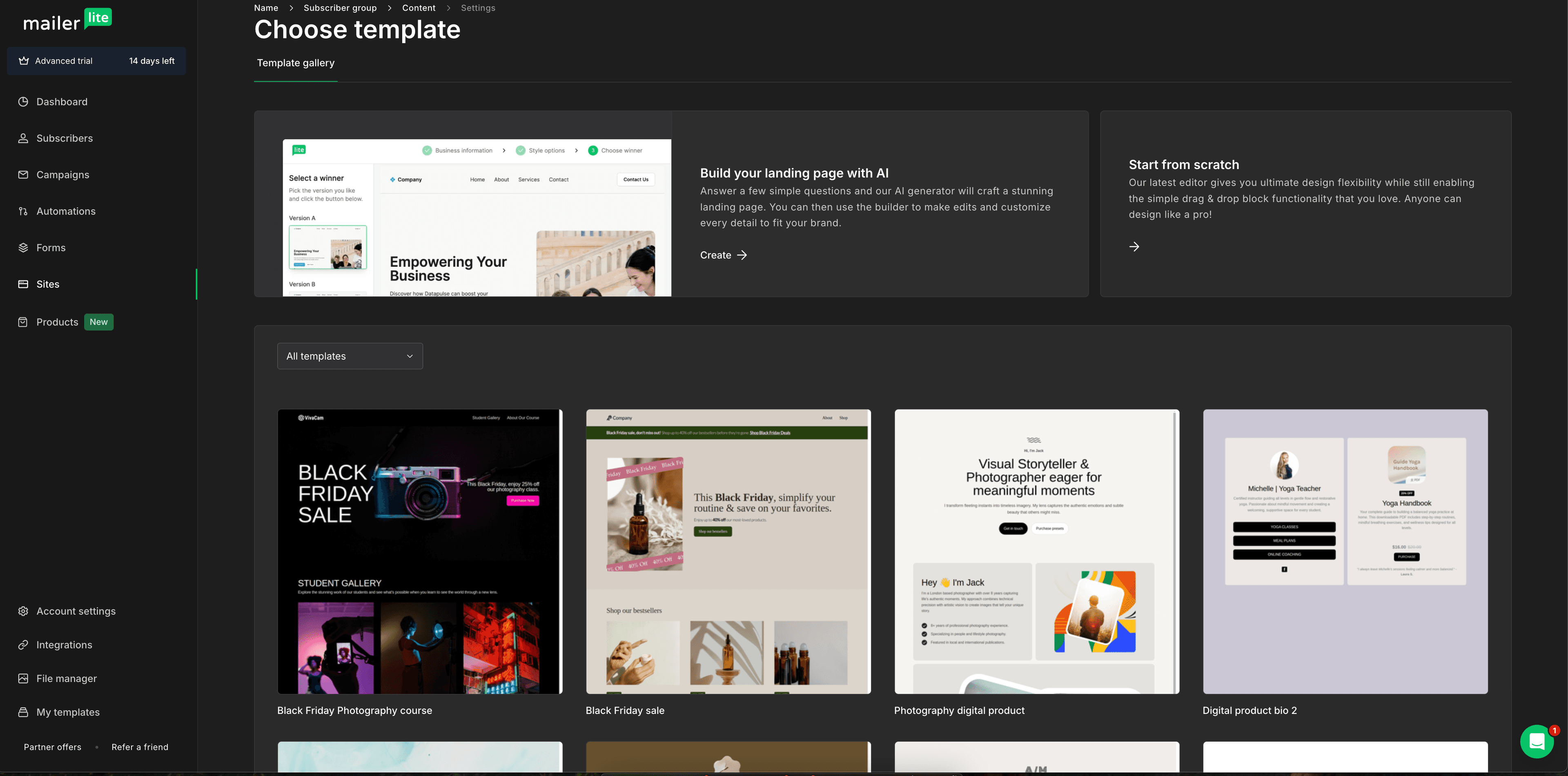 MailerLite template gallery with AI builder and drag-and-drop email templates